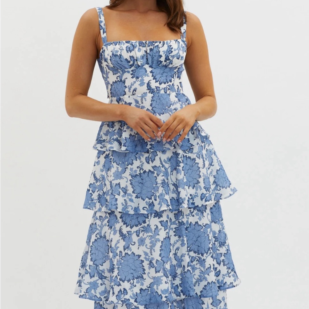Blue and white wedding guest dress